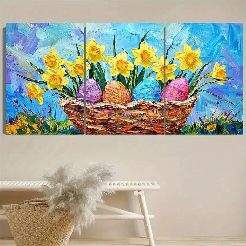 3pcs Basket Art with Daffodils & Colorful Eggs Wall Art Set Canvas Framed 40x60cm - High Quality Print 100% Australian Made Wall Canvas Ready to Hang - Bella Home Decor