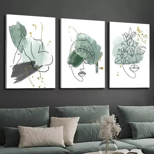 3pcs Abstract Green Sage Line Face Shape Canvas Unframed - High Quality Print 100% Australian Made Wall Canvas - Bella Home Decor