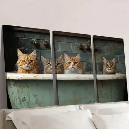 3pcs Playful Cat Vintage Painting Wall Art Set Canvas Framed 60x90cm - High Quality Print 100% Australian Made Wall Canvas Ready to Hang