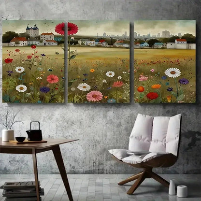 3pcs Wildflower Field Village Botanical Meadow Wall Art Set Canvas Framed 60x90cm - High Quality Print 100% Australian Made Wall Canvas Ready to Hang