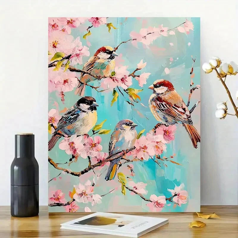 Sparrows Perched on Cherry Blossoms Painting 40x60cm Metal Print Ready to Hang