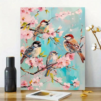 Sparrows Perched on Cherry Blossoms Painting 40x60cm Metal Print Ready to Hang