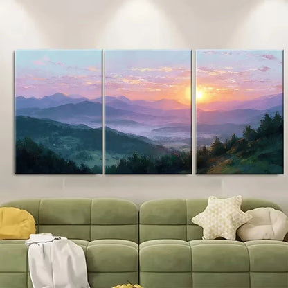 3pcs Soft Pastel Sunrise & Mountain View Metal Print Ready to Hang Art
