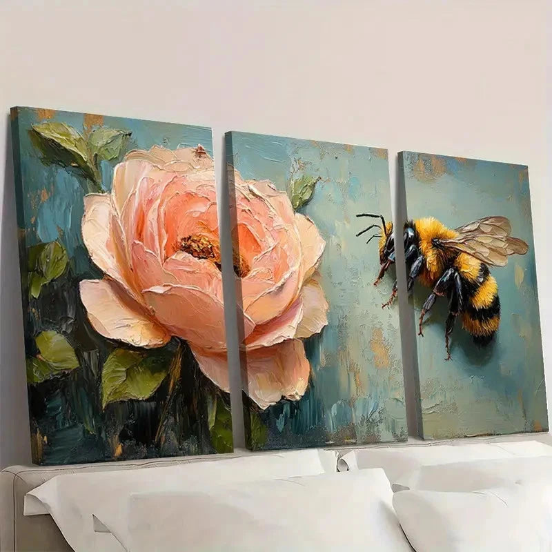 3pcs Vibrant Bee & Pink Rose VB     Wall Art Set Canvas Framed 60x90cm - High Quality Print 100% Australian Made Wall Canvas Ready to Hang
