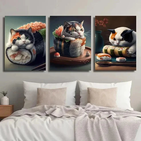 3pcs Whiskered Feline & Sushi Designs Wall Art Set Canvas Unframed - High Quality Print 100% Australian Made Wall Canvas
