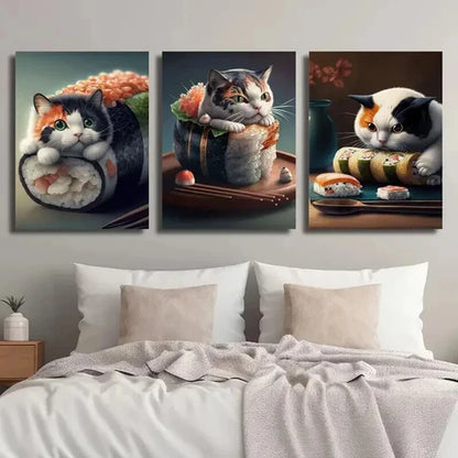 3pcs Whiskered Feline & Sushi Designs Wall Art Set Canvas Unframed - High Quality Print 100% Australian Made Wall Canvas