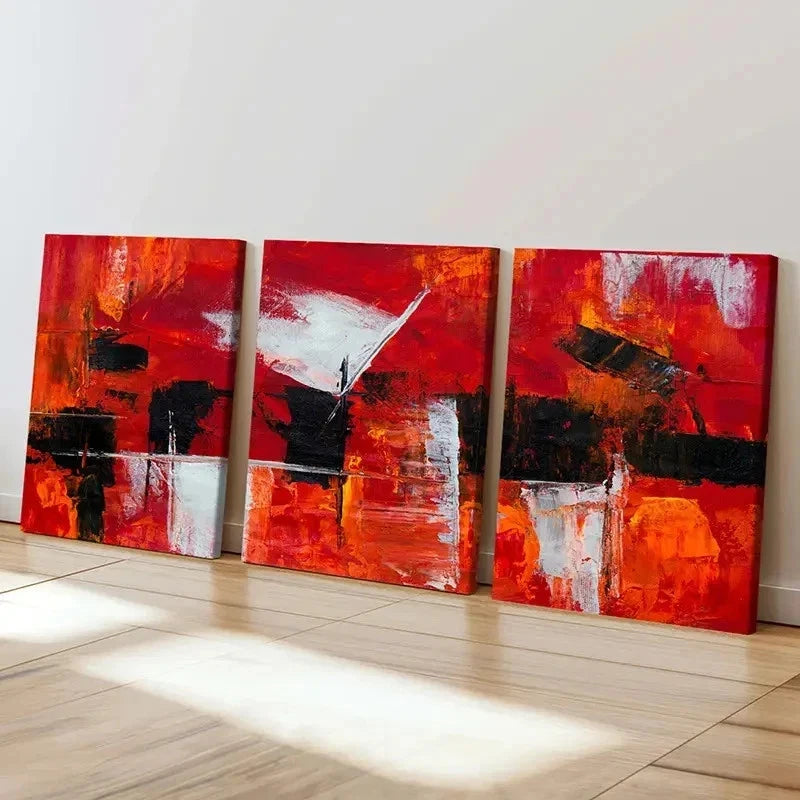 3pcs Red And Black Blocks Abstract Wall Art Set Canvas Framed 50x70cm - High Quality Print 100% Australian Made Wall Canvas Ready to Hang