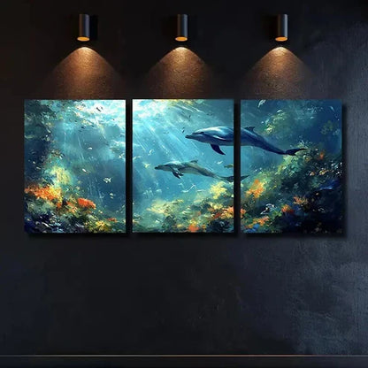 3pcs Vibrant Underwater Dolphin Ocean Scene Wall Art Canvas Unframed - High Quality Print 100% Australian Made Wall Canvas
