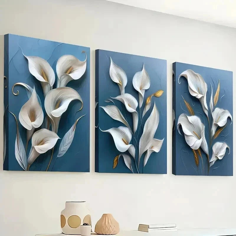 3pcs Modern Floral Blue Minimalist Perfect Wall Art Set Canvas Framed 50x70cm - High Quality Print 100% Australian Made Wall Canvas Ready to Hang - Bella Home Decor