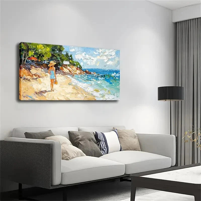 Lady Blue Dress Strolling Beach Wall Art Canvas Office Home Room Framed 120x60cm - Bella Home Decor