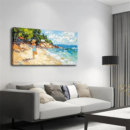 Lady Blue Dress Strolling Beach Wall Art Canvas Office Home Room Framed 120x60cm - Bella Home Decor