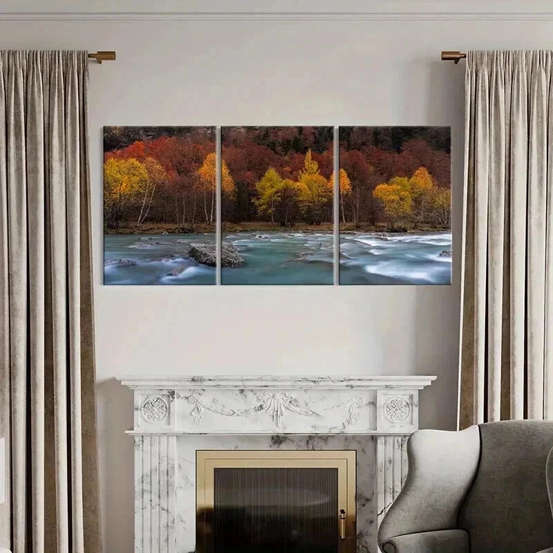 3pcs Modern Autumn Lake and Forest Wall Art Set Canvas Framed 60x90cm - High Quality Print 100% Australian Made Wall Canvas Ready to Hang - Bella Home Decor