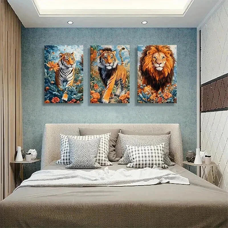 3pcs Majestic Tiger and Lion Floral Jungle Hues Wall Art Set Canvas Framed 60x90cm - High Quality Print 100% Australian Made Wall Canvas Ready to Hang