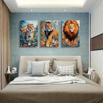 3pcs Majestic Tiger and Lion Floral Jungle Hues Wall Art Set Canvas Framed 60x90cm - High Quality Print 100% Australian Made Wall Canvas Ready to Hang