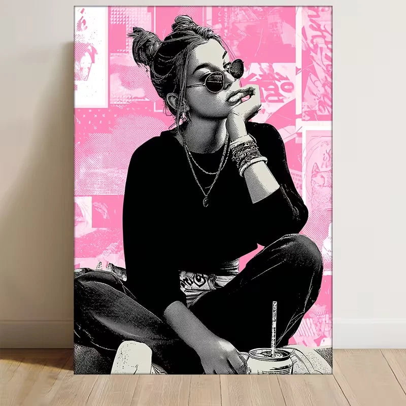 Girl with Black & Pink Chic Outfit  60x90cm Metal Print Ready to Hang