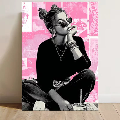 Girl with Black & Pink Chic Outfit  60x90cm Metal Print Ready to Hang