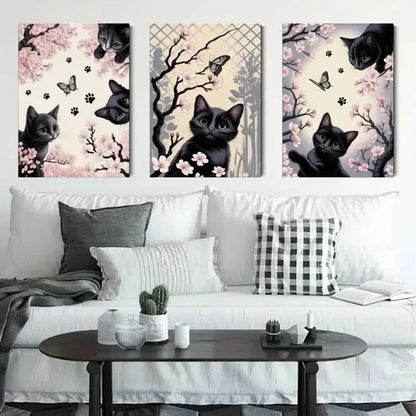 3pcs Black Cat & Butterfly Canvas Wall Art Canvas Unframed - High Quality Print 100% Australian Made Wall Canvas - Bella Home Decor