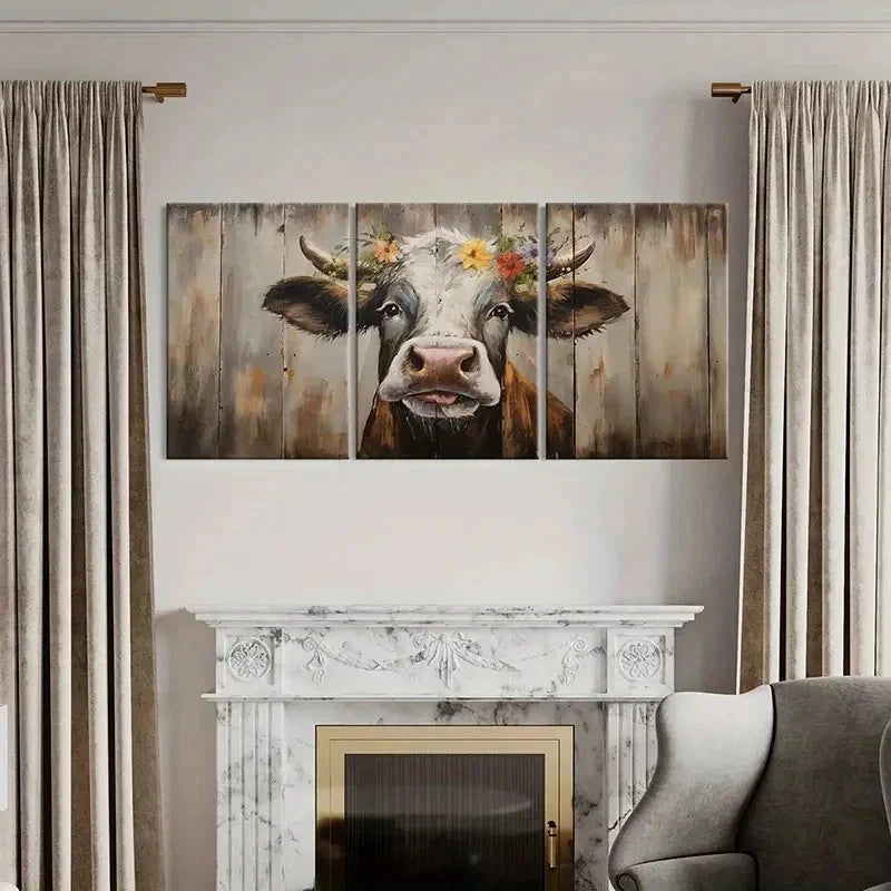 3pcs Farmhouse Cow Farm Animals Rustic Wall Art Set Canvas Framed 60x90cm - High Quality Print 100% Australian Made Wall Canvas Ready to Hang