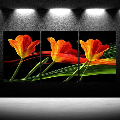 3pcs Colorful Golden Flowers Green Red Metal Print Ready to Hang Art - Bella Home Decor