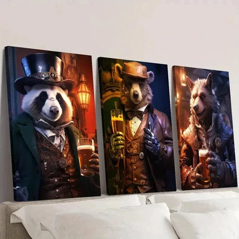 3pcs Panda & Bear Wearing a Hat and a Suit Wall Art Set Canvas Unframed - High Quality Print 100% Australian Made Wall Canvas