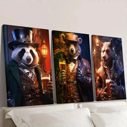 3pcs Panda & Bear Wearing a Hat and a Suit Wall Art Set Canvas Unframed - High Quality Print 100% Australian Made Wall Canvas