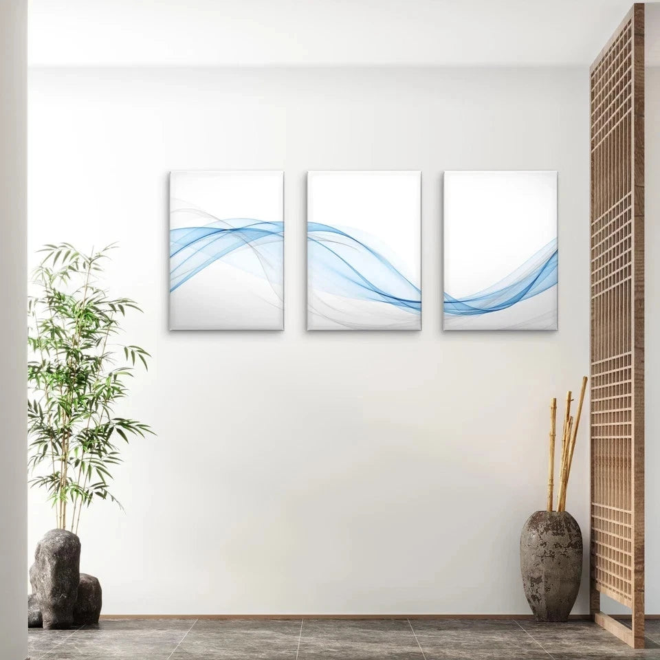 3pcs Minimalist Blue Abstract Wave Modern Wall Art Set Canvas Framed 40x60cm - High Quality Print 100% Australian Made Wall Canvas Ready to Hang