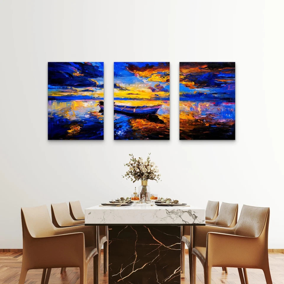 3pcs Lone Boat Under Fiery Skies Wall Art Set Canvas Framed 60x90cm - High Quality Print 100% Australian Made Wall Canvas Ready to Hang - Bella Home Decor