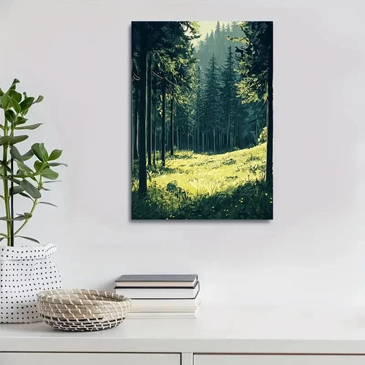 Vibrant Green Landscape with Sunlit Trees Painting  40x60cm Metal Print Ready to Hang - Bella Home Decor