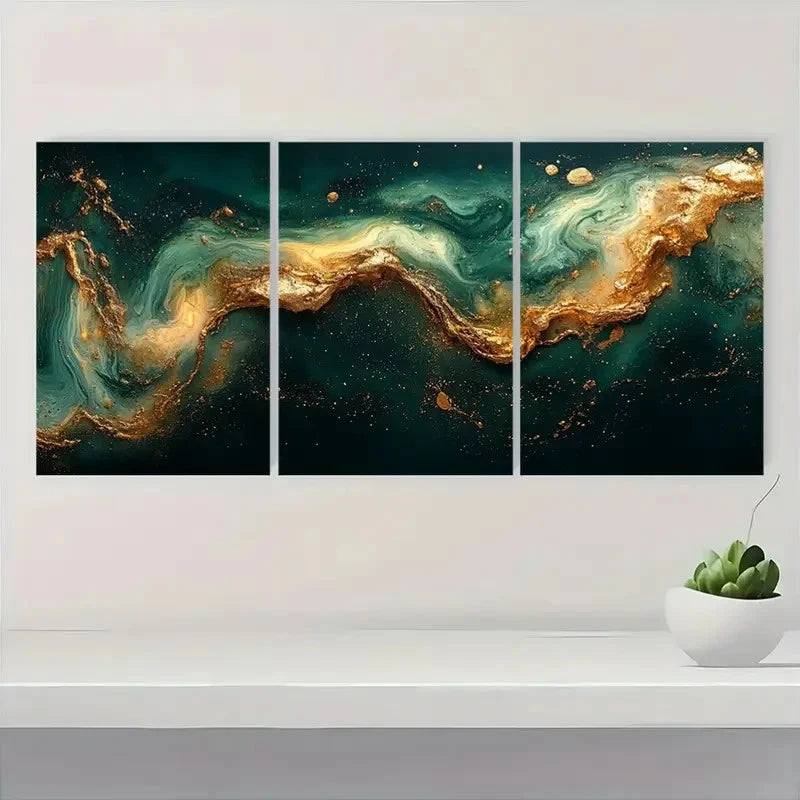 3pcs Abstract Green & Golden GT Wall Art Set Canvas Framed 40x60cm - High Quality Print 100% Australian Made Wall Canvas Ready to Hang - Bella Home Decor