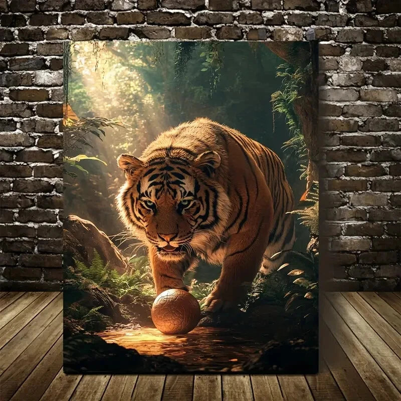 Tiger Playing with Ball in Mystical Jungle Painting 40x60cm Metal Print Ready to Hang - Bella Home Decor