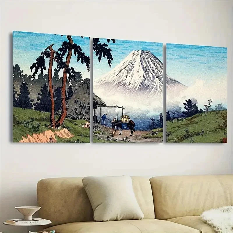 3pcs Japanese Landscape with Mt. Fuji Wall Art Set Canvas Framed 60x90cm - High Quality Print 100% Australian Made Wall Canvas Ready to Hang