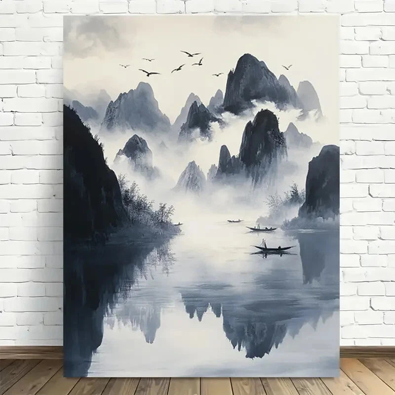 Beautiful Serene Mountain Lake Reflections Painting 40x60cm Metal Print Ready to Hang - Bella Home Decor