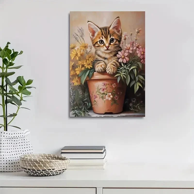 Flowers And Plants Cute Bengal Kitten Painting 40x60cm Metal Print Ready to Hang - Bella Home Decor