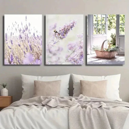 3pcs Lavender in Basket & Bee Decor Wall Art Set Canvas Unframed - High Quality Print 100% Australian Made Wall Canvas