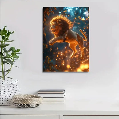 Cyberpunk Lion in Magical Forest Painting 40x60cm Metal Print Ready to Hang - Bella Home Decor