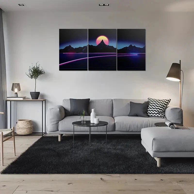 3pcs Vibrant Retro Futuristic Sunset Metal Print Ready to Hang Art