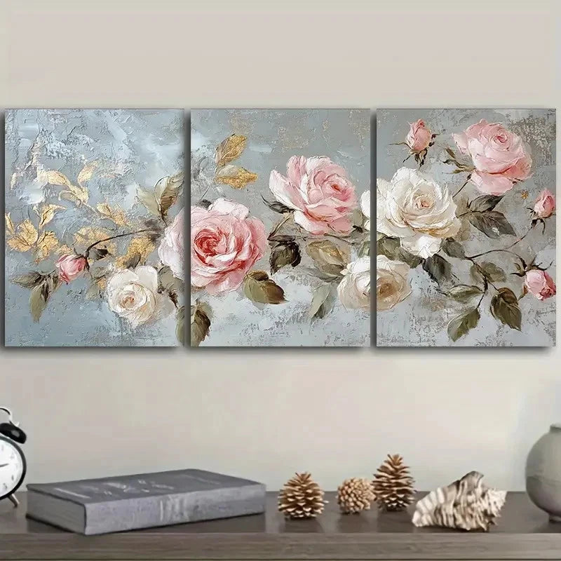 3pcs pink and white roses Wall Art Set Canvas Framed 60x90cm - High Quality Print 100% Australian Made Wall Canvas Ready to Hang