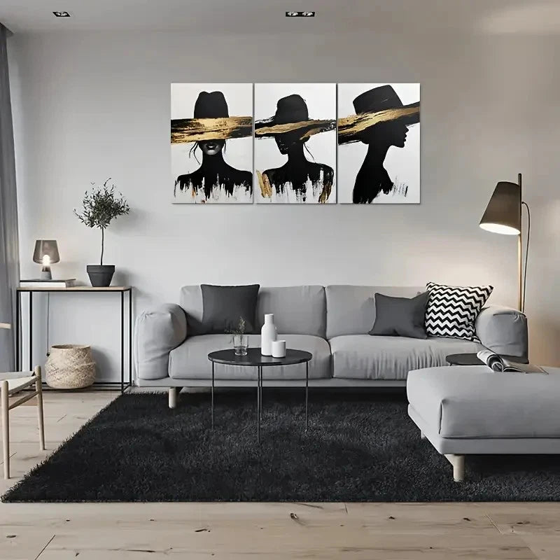 3pcs Black White and Golden Silhouette Metal Print Ready to Hang Art - Bella Home Decor