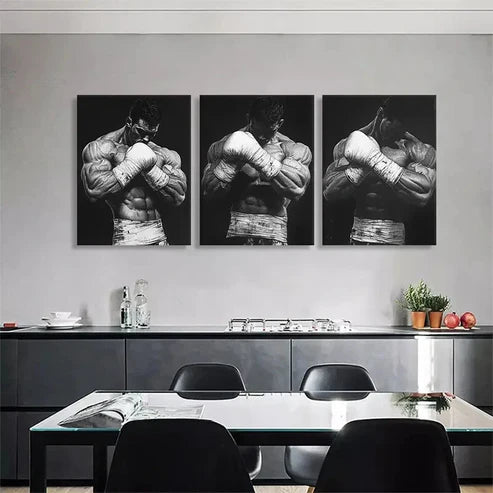 3pcs Black and White Boxing Strong Perfect Wall Art Set Canvas Unframed - High Quality Print 100% Australian Made Wall Canvas - Bella Home Decor