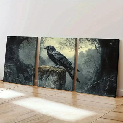 3pcs Mysterious Crow Gothic Raven Forest Wall Art Set Canvas Framed 50x70cm - High Quality Print 100% Australian Made Wall Canvas Ready to Hang - Bella Home Decor