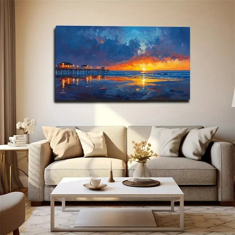 Sunset Seaside Vacation House Wall Art Canvas Office Home Room Framed 120x60cm