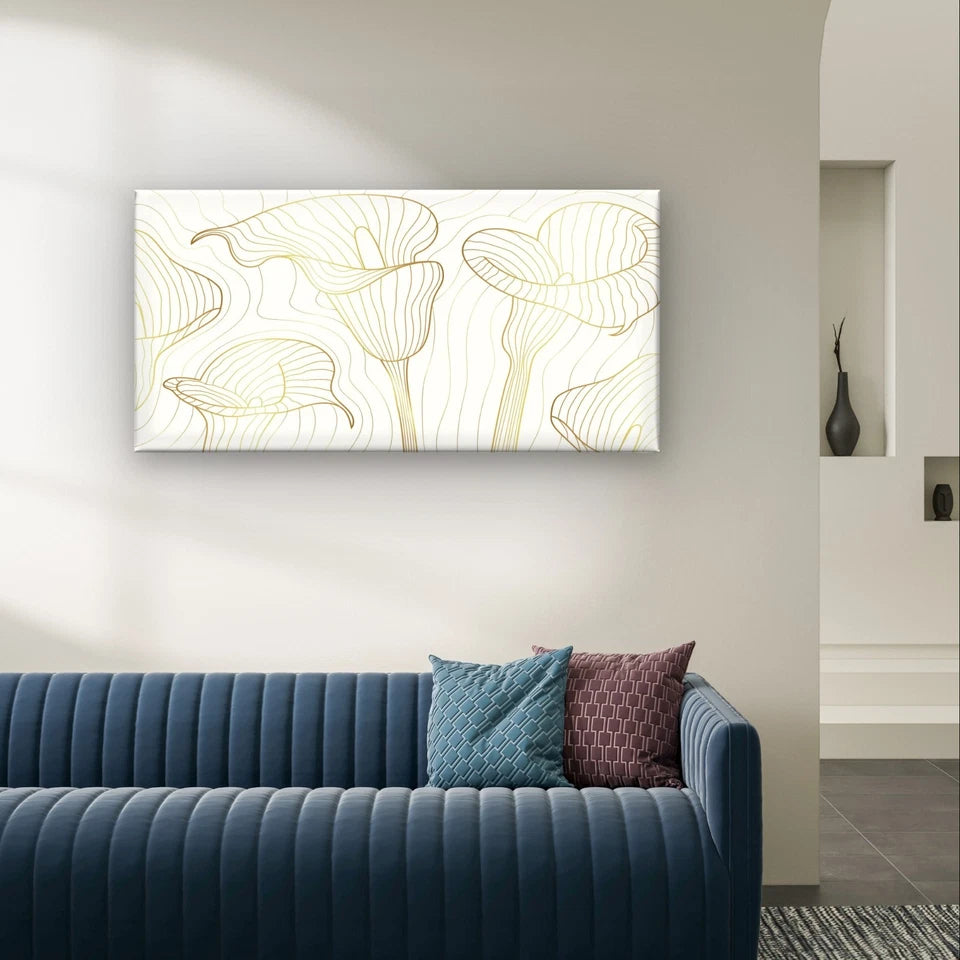 Minimalist Gold and White Lily Line Art Wall Art Canvas Office Home Framed 120x60