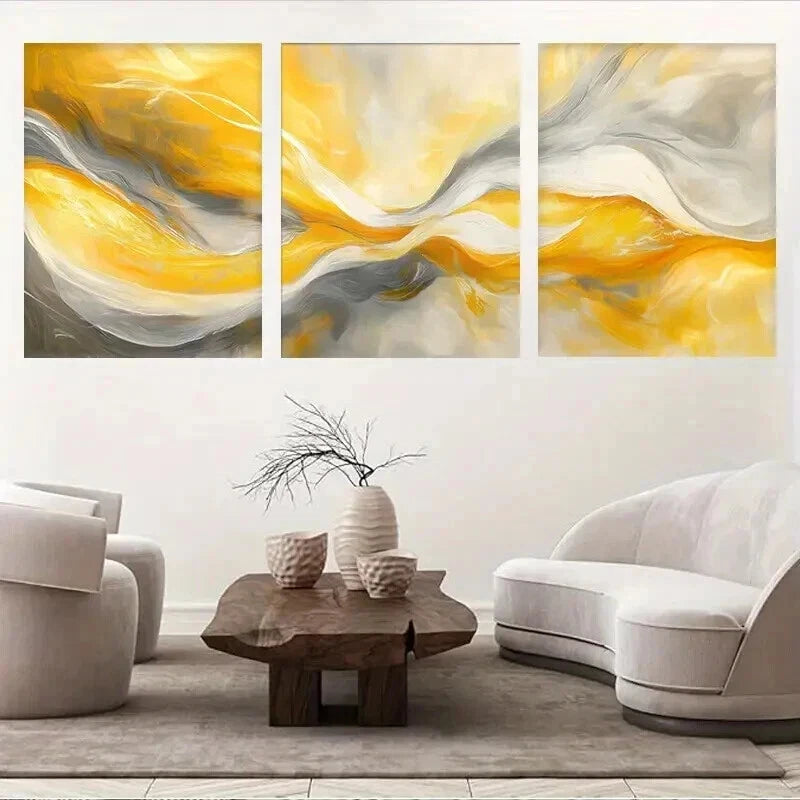 3pcs Abstract Yellow And Gray Design Wall Art Set Canvas Framed 60x90cm - High Quality Print 100% Australian Made Wall Canvas Ready to Hang - Bella Home Decor