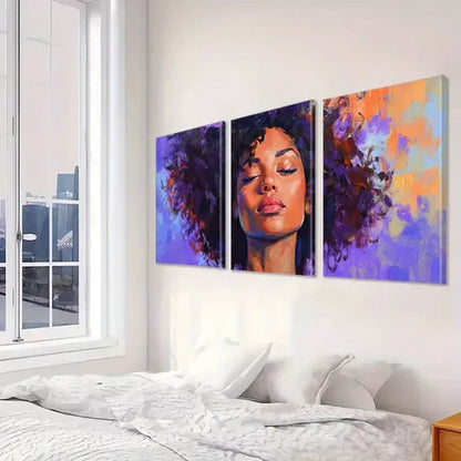 3pcs Vibrant Purple Hair & Expressive Face Art Set Canvas Unframed - High Quality Print 100% Australian Made Wall Canvas