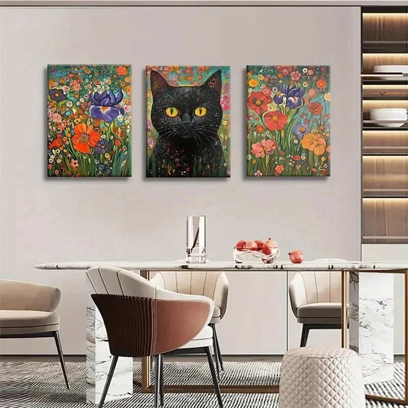 3pcs Feline Black Cat And Floral Garden Wall Art Set Canvas Framed 50x70cm - High Quality Print 100% Australian Made Wall Canvas Ready to Hang