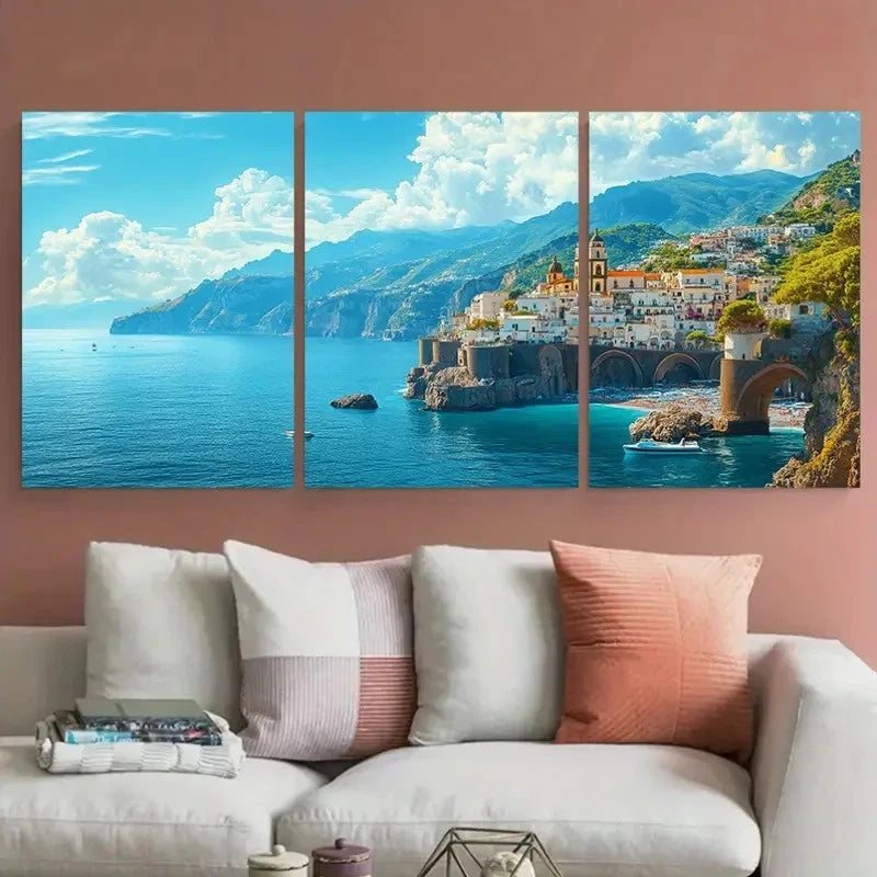 3pcs Amalfi Coast Italy Travel Perfect Wall Art Set Canvas Framed 40x60cm - High Quality Print 100% Australian Made Wall Canvas Ready to Hang - Bella Home Decor