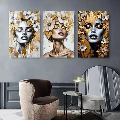 3pcs Golden And White Accent Women Décor Perfect Wall Art Set Canvas Unframed - High Quality Print 100% Australian Made Wall Canvas - Bella Home Decor