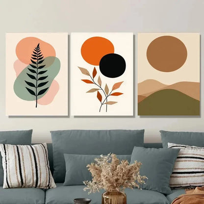 3pcs Modern Abstract Botanical Leaf Black Orange Metal Print Ready to Hang Art