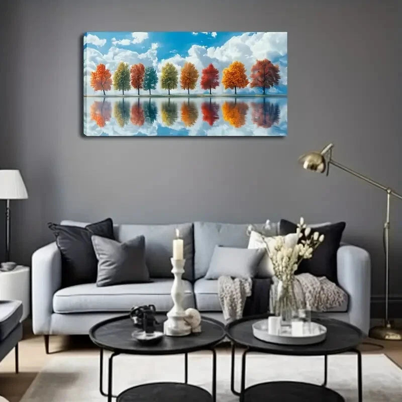 Autumn Tree Scene Reflection Wall Art Canvas Office Home Room Framed 120x60cm - Bella Home Decor