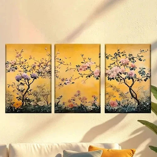 3pcs Painting of Flowers on a Yellow Background Wall Art Set Canvas Framed 60x90cm - High Quality Print 100% Australian Made Wall Canvas Ready to Hang
